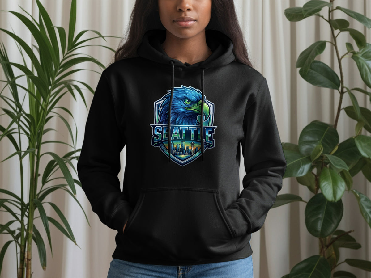 Black hoodie with Seattle eagle and city skyline emblem on chest.