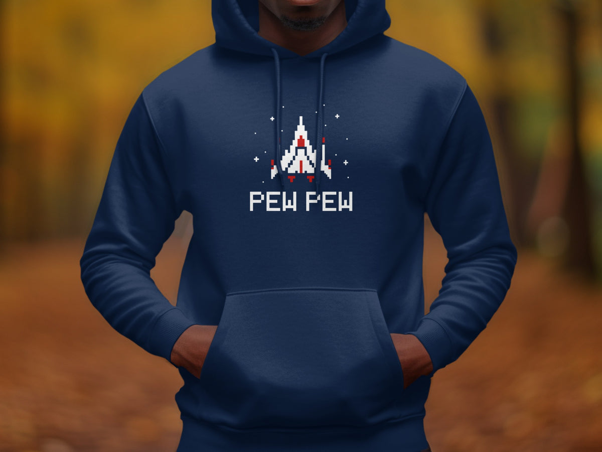 Navy blue hoodie with pixelated spaceship and "PEW PEW" text.
