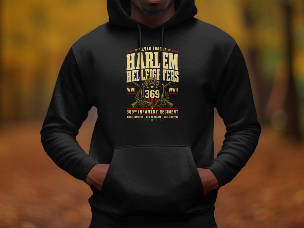 Harlem Hellfighters 369th Infantry Regiment WWI WWII design on black hoodie.