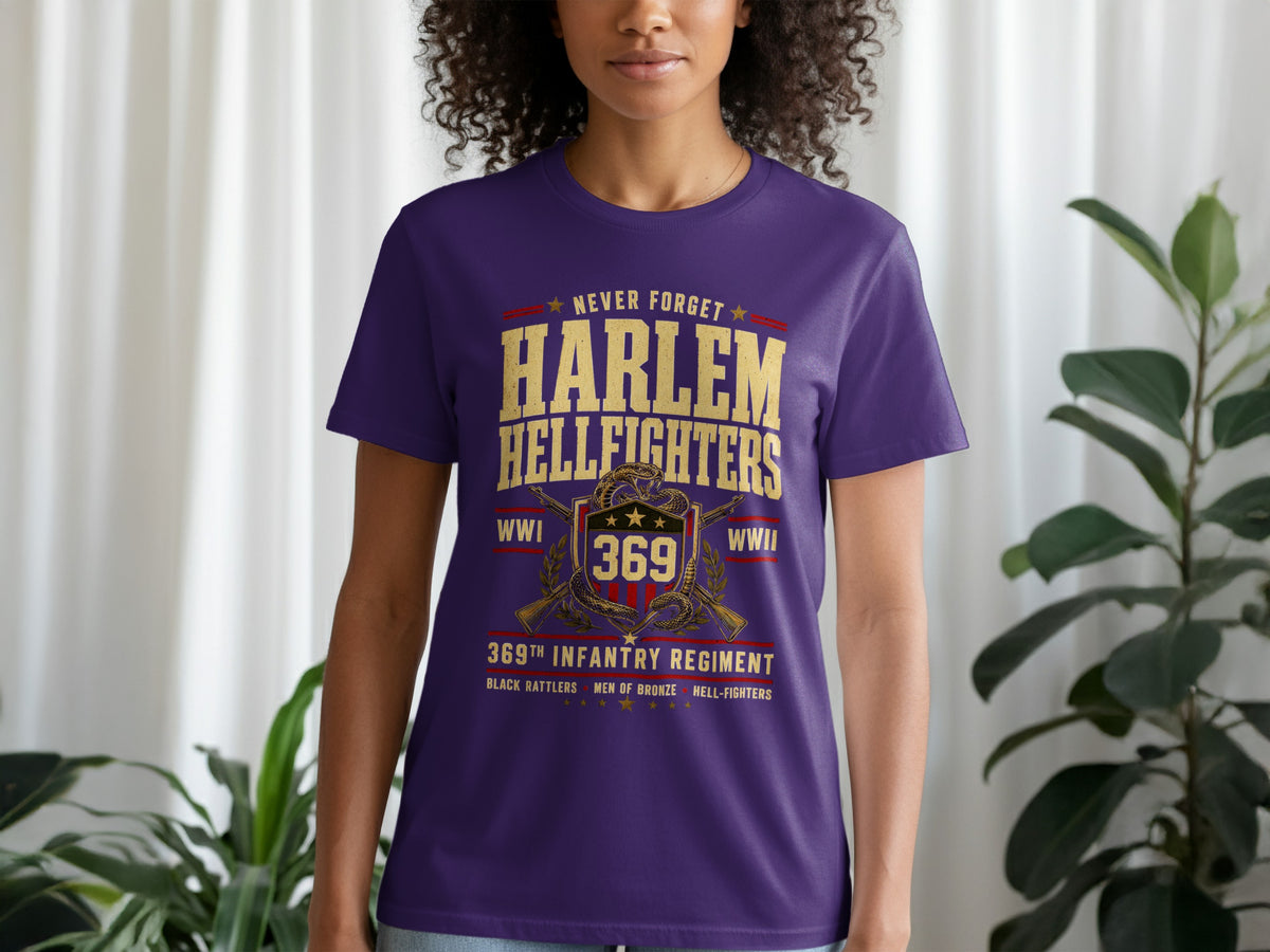 Purple t-shirt with "Harlem Hellfighters 369th Infantry Regiment" graphic.