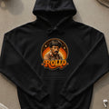Black hoodie with a vintage graphic featuring a man and the text "ROLLO".