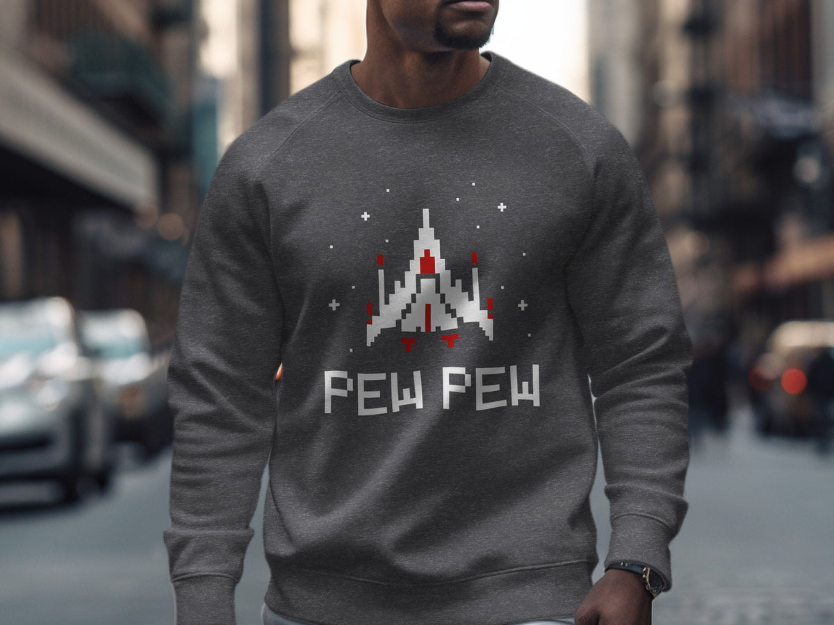 Dark grey sweatshirt with pixel art spaceship and "PEW PEW" text.