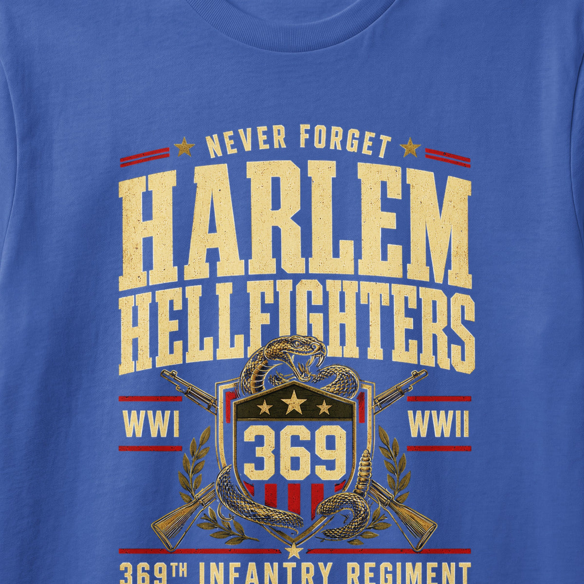 Never Forget Harlem Hellfighters, 369th Infantry Regiment, WWI, WWII, crest.