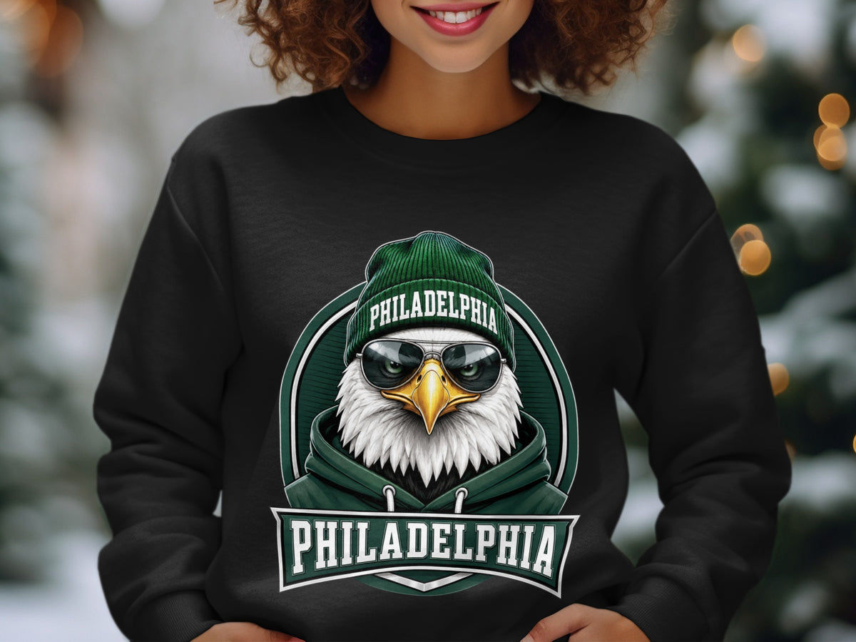 Black sweatshirt with graphic of an eagle wearing a beanie and sunglasses, "PHILADELPHIA" text.