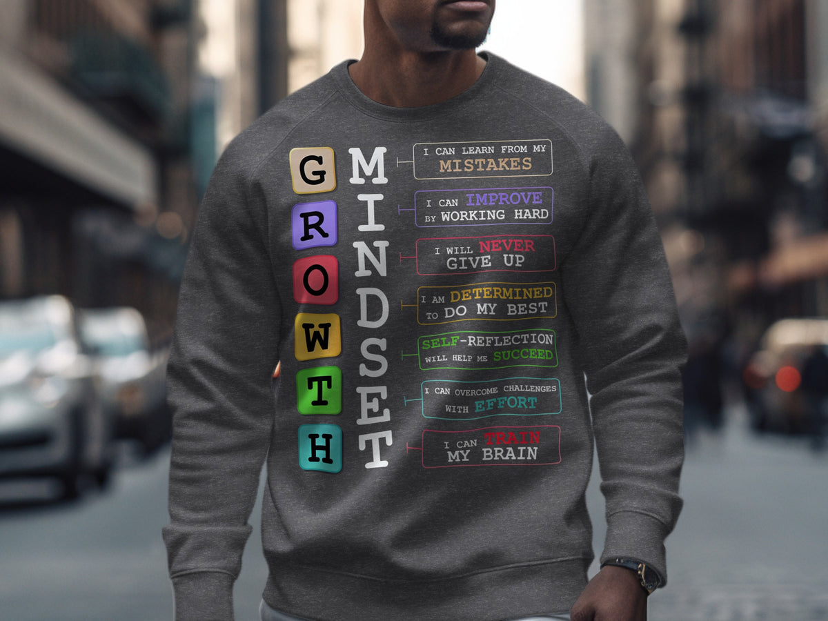 Dark grey sweatshirt with "GROWTH MINDSET" text and motivational phrases.