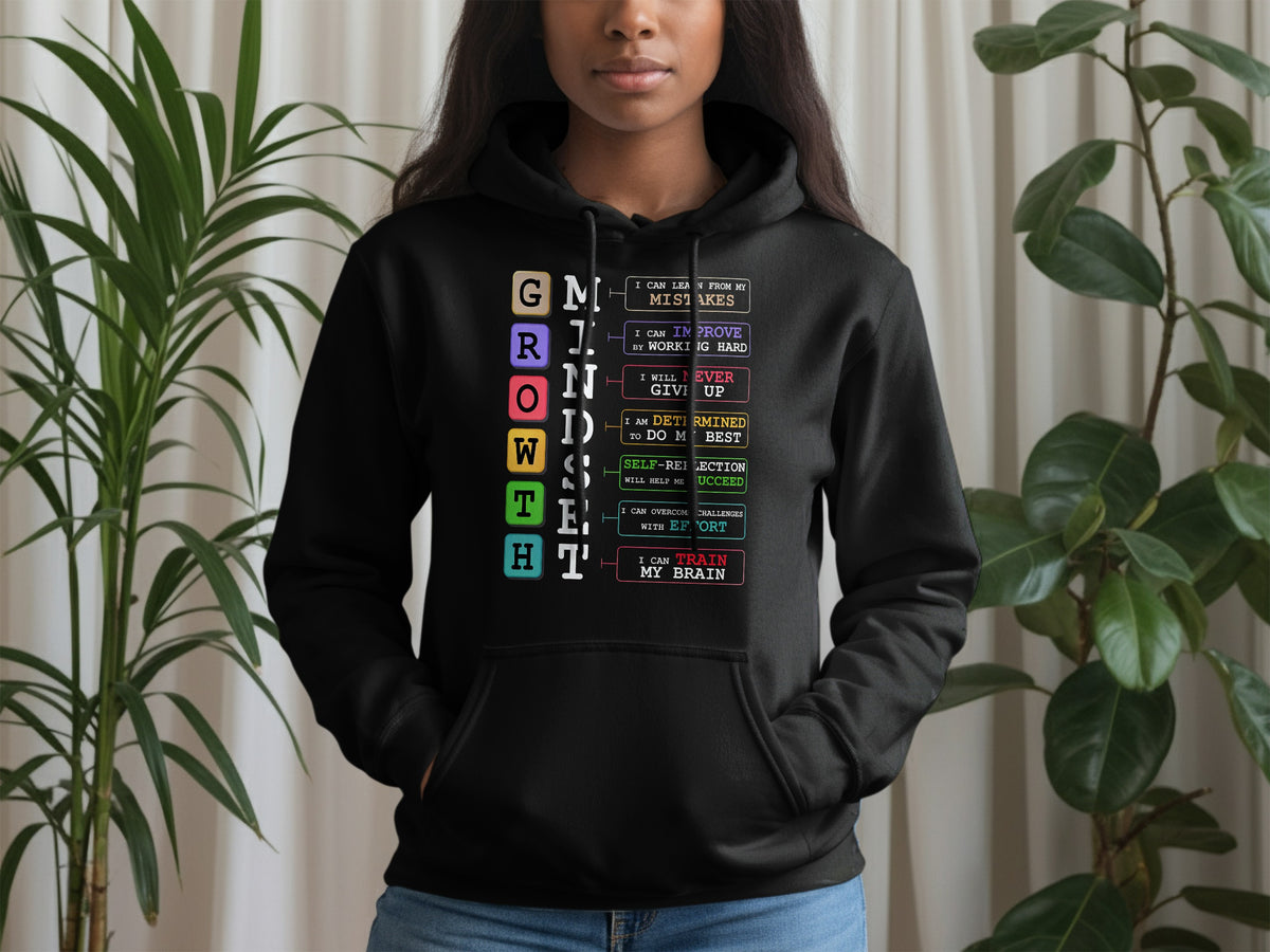 Black hoodie with vertical "GROWTH" and horizontal text about self-improvement.