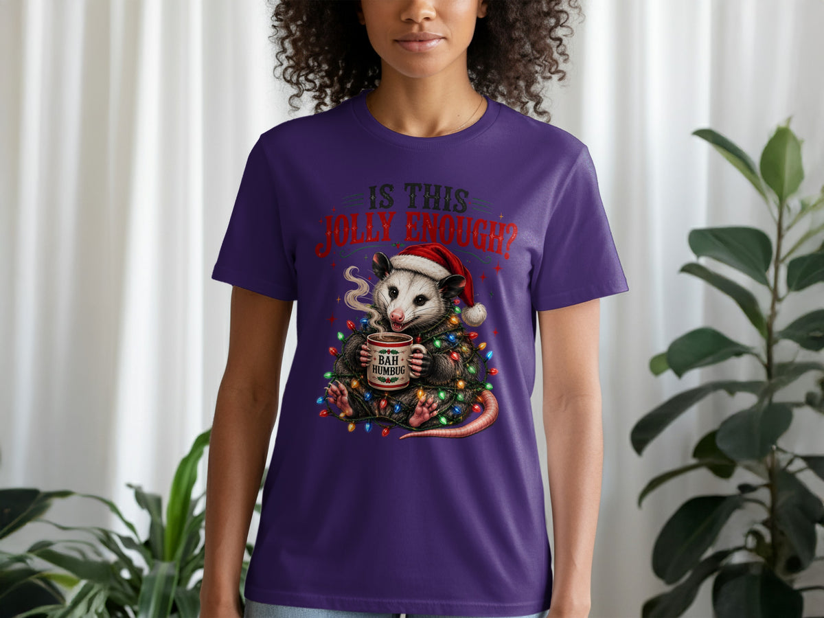 Opossum in Santa hat with Christmas lights, holding "Bah Humbug" mug, "Is this jolly enough?" text.