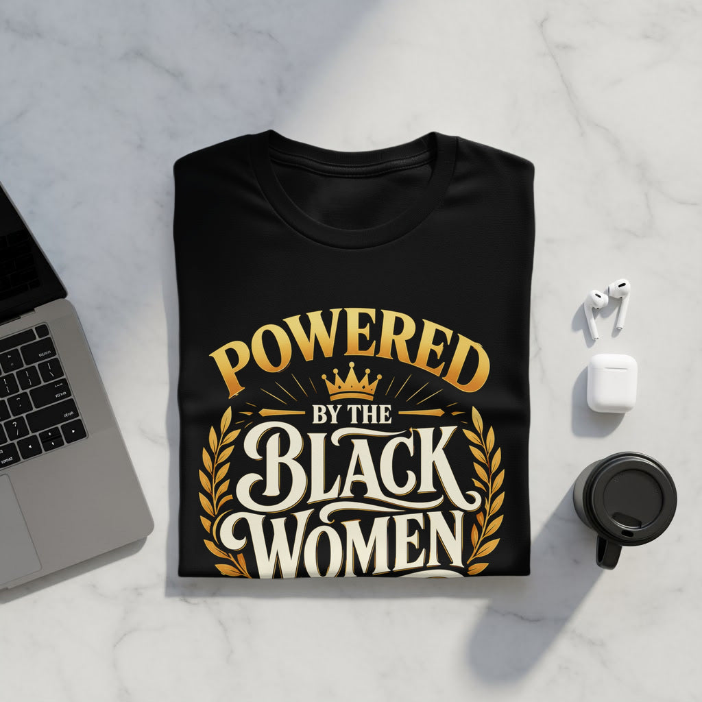 Black t-shirt with "Powered by the Black Women" text and laurel wreath design.