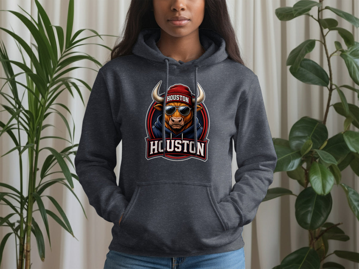 Dark grey hoodie with bull wearing sunglasses and red beanie, "Houston" text.