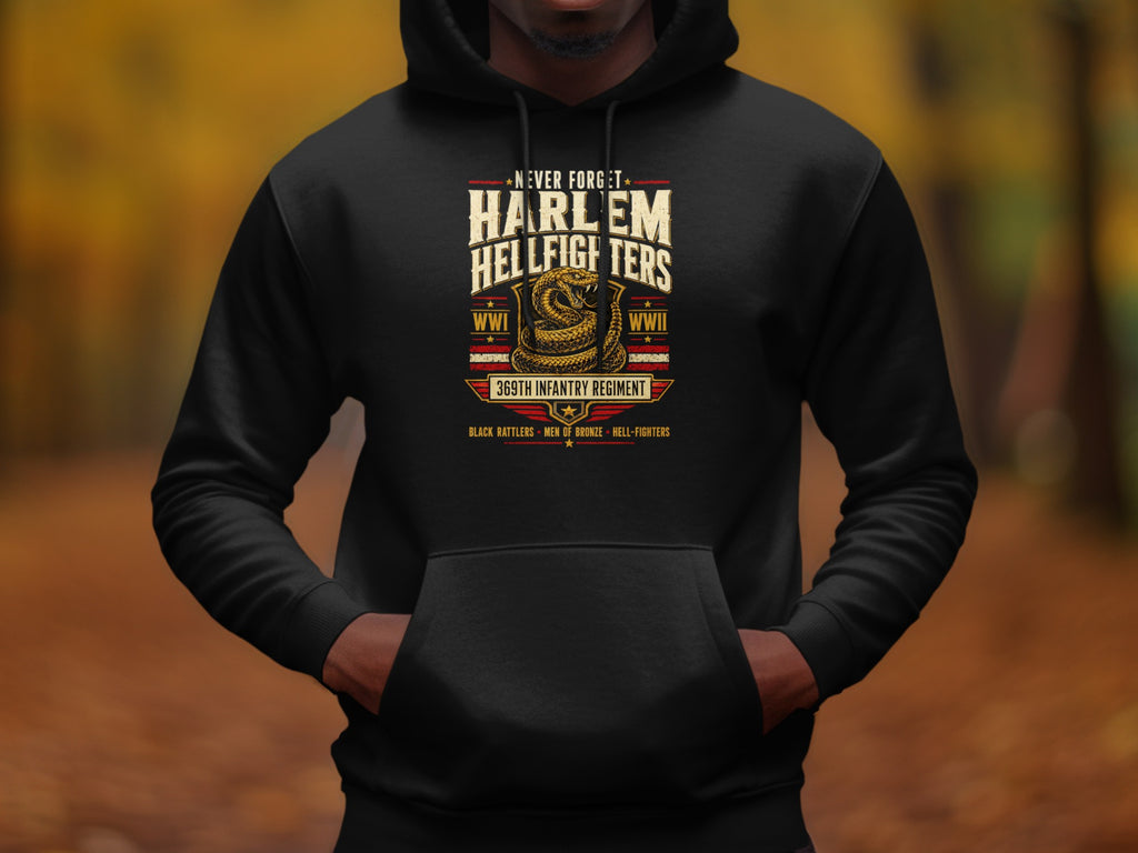 Black hoodie with Harlem Hellfighters insignia featuring a coiled snake and text.