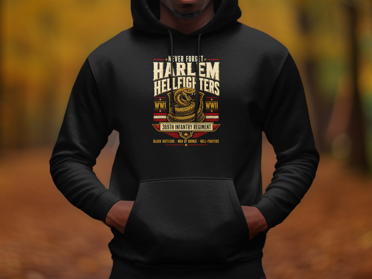Black hoodie with Harlem Hellfighters insignia featuring a coiled snake and text.