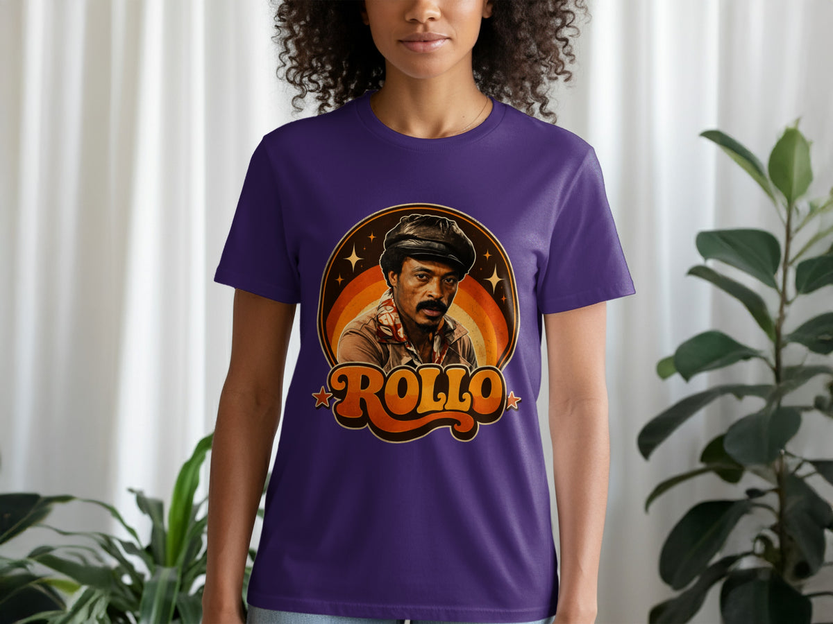 Purple t-shirt with "ROLLO" text and a retro graphic of a man.