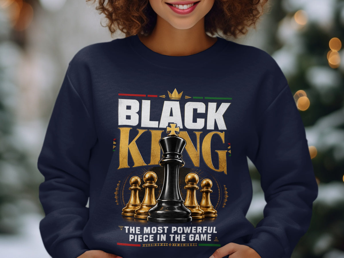 Navy sweatshirt with "BLACK KING" and chess pieces graphic.