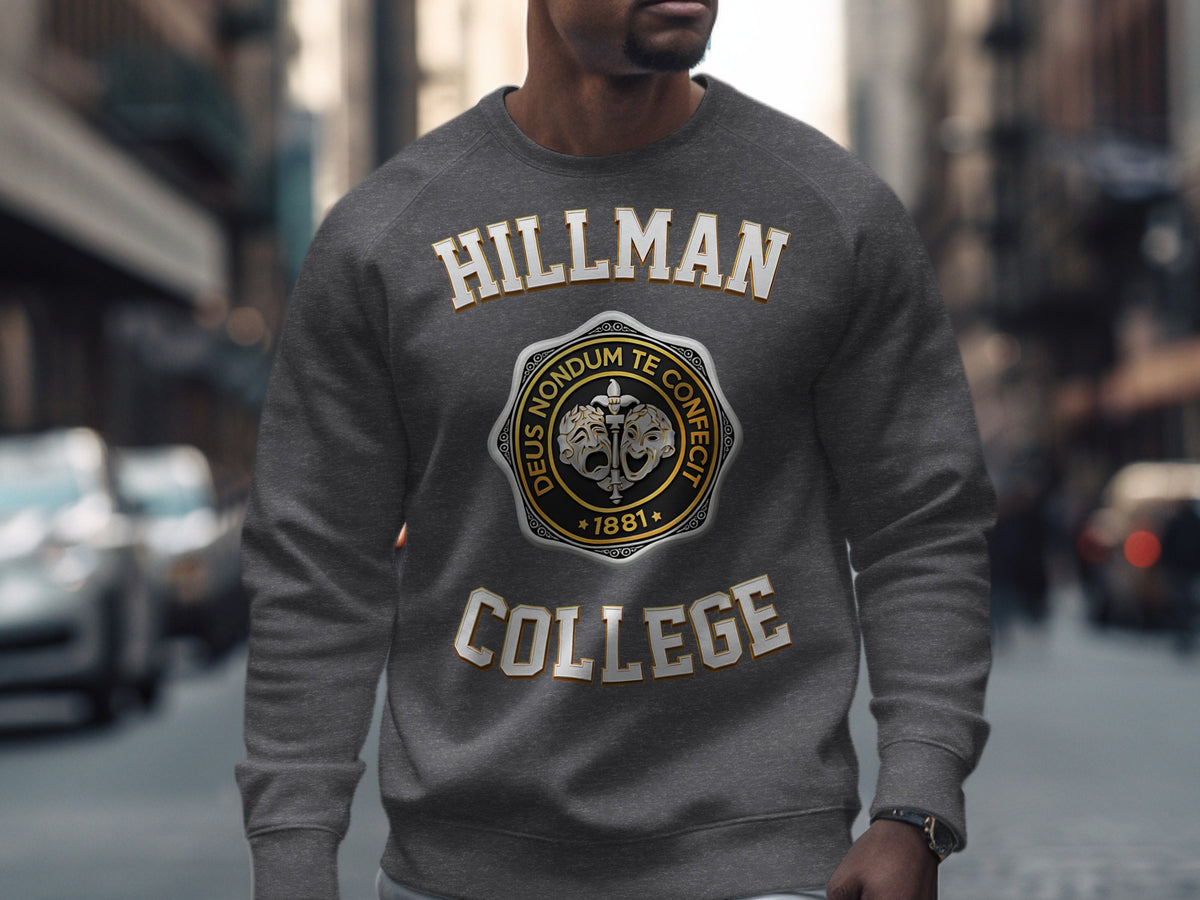 Grey sweatshirt with "HILLMAN COLLEGE" and a crest with masks and "1881"