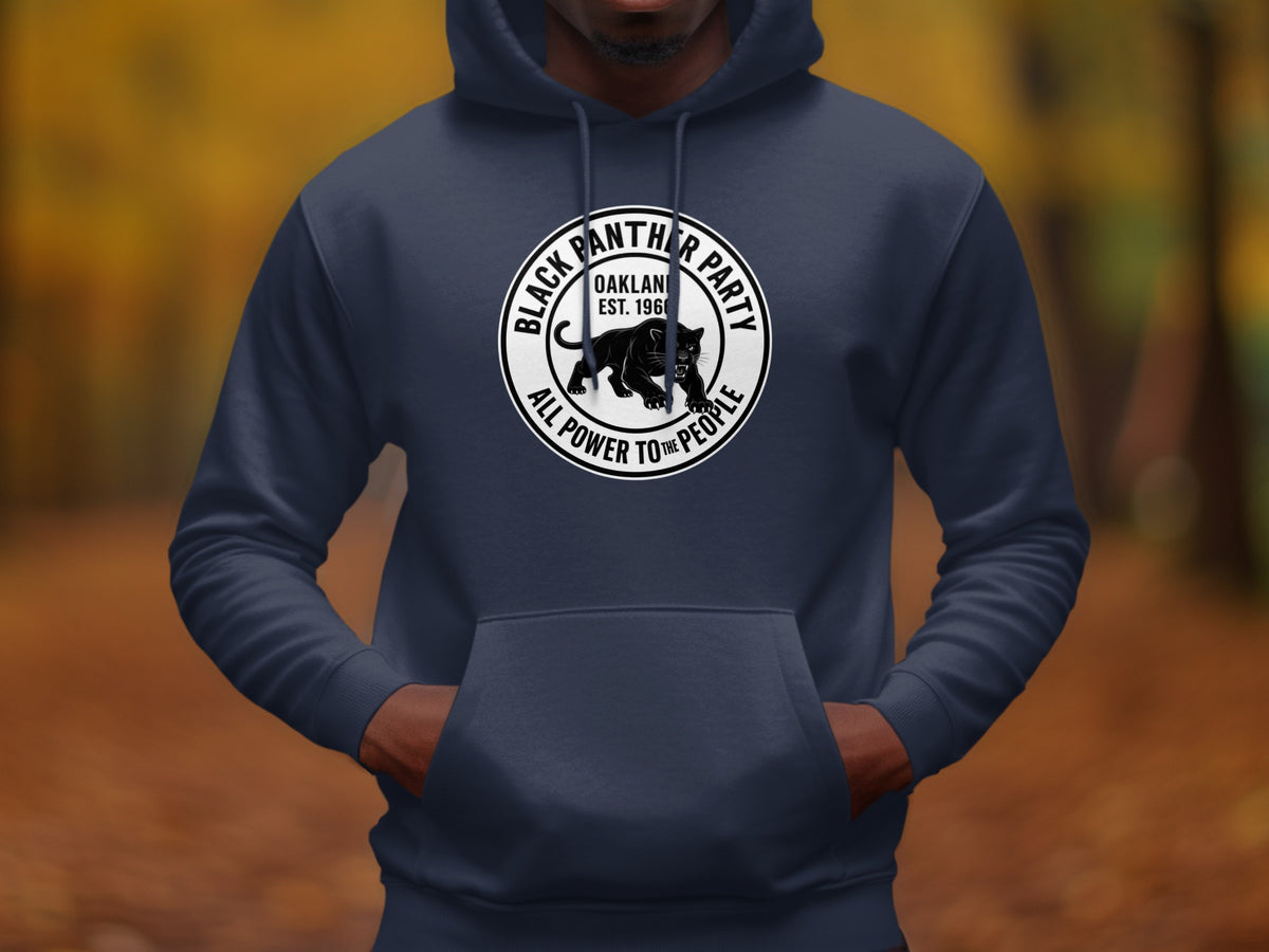Navy hoodie with Black Panther Party logo featuring a panther and text.