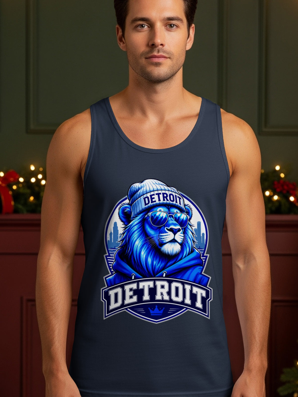 Navy tank top with blue Detroit lion graphic and skyline detail.