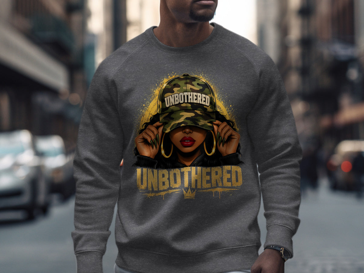Dark grey sweatshirt with graphic art of a woman in a camouflage hat and the word "UNBOTHERED".
