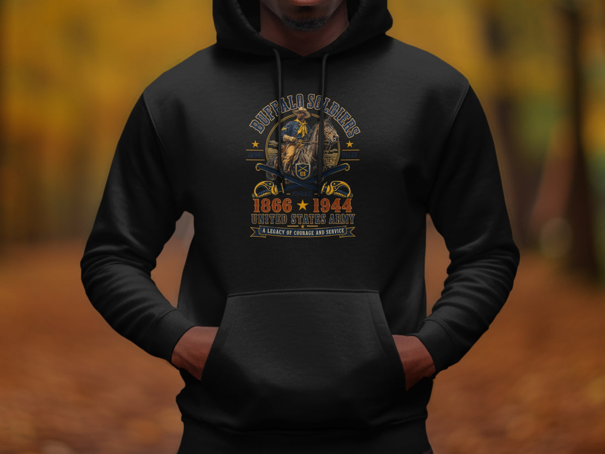 Black hoodie with Buffalo Soldiers graphic featuring a rider on a horse and crossed sabers.