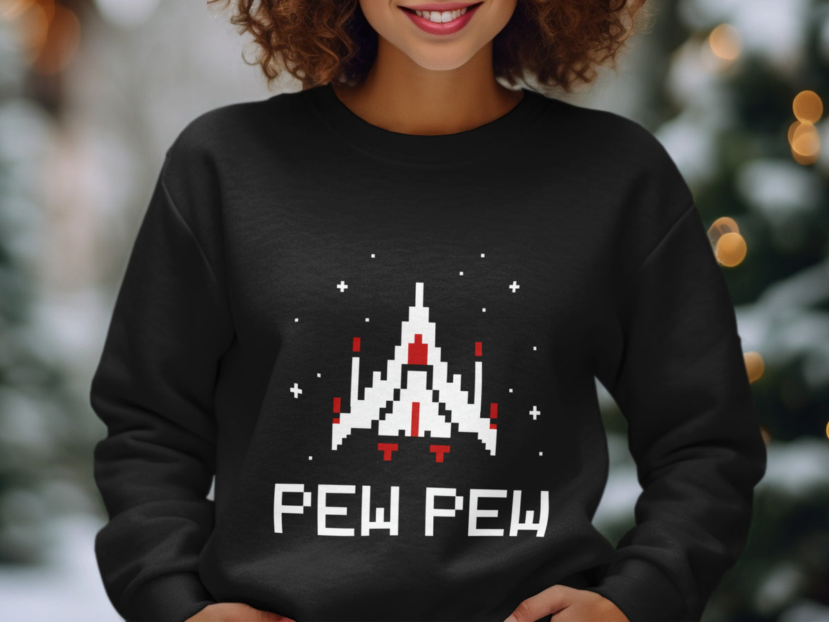 Black sweatshirt with pixelated spaceship graphic and "PEW PEW" text.