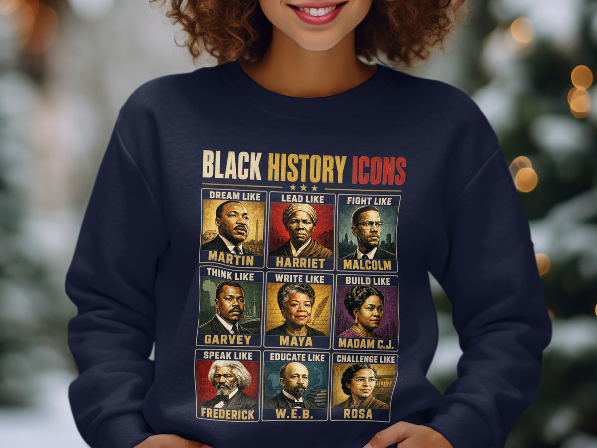 Black History Icons collage featuring Martin, Harriet, Malcolm, Garvey, Maya, Madam C.J., Frederick, W.E.B., Rosa.