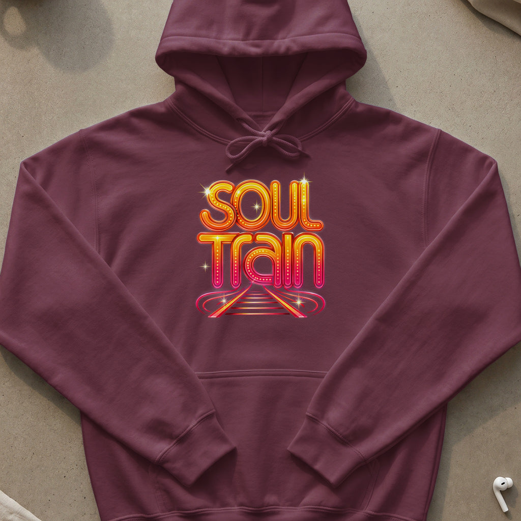 Maroon hoodie with "Soul Train" logo featuring neon lights and a staircase graphic.
