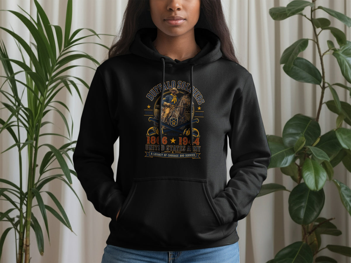 Black hoodie with Buffalo Soldiers graphic, featuring a soldier on horseback and dates 1866-1944.