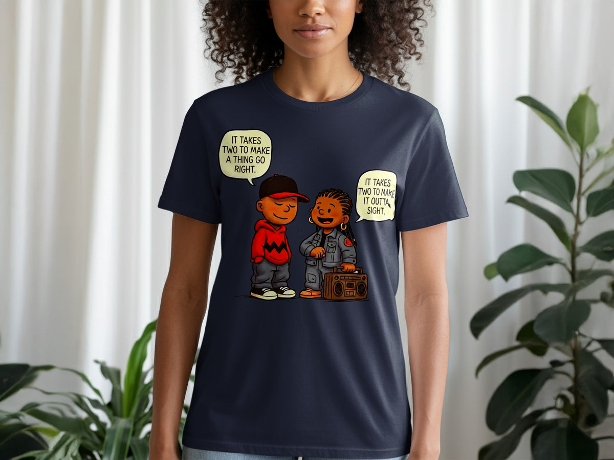 Two cartoon figures, one with a boombox, with text bubbles about things going right.