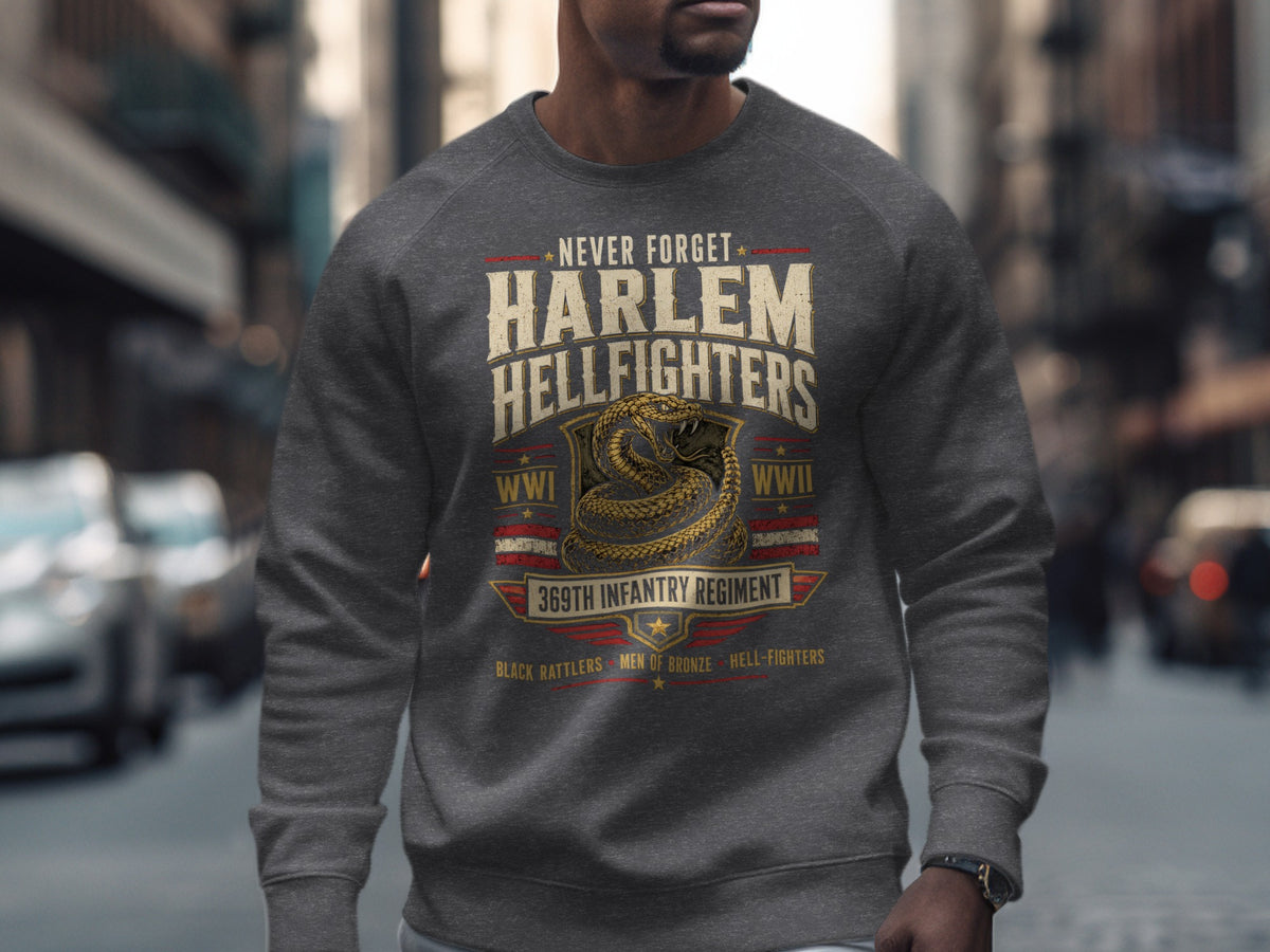 Grey sweatshirt with Harlem Hellfighters design, 369th Infantry Regiment, WWI, WWII.