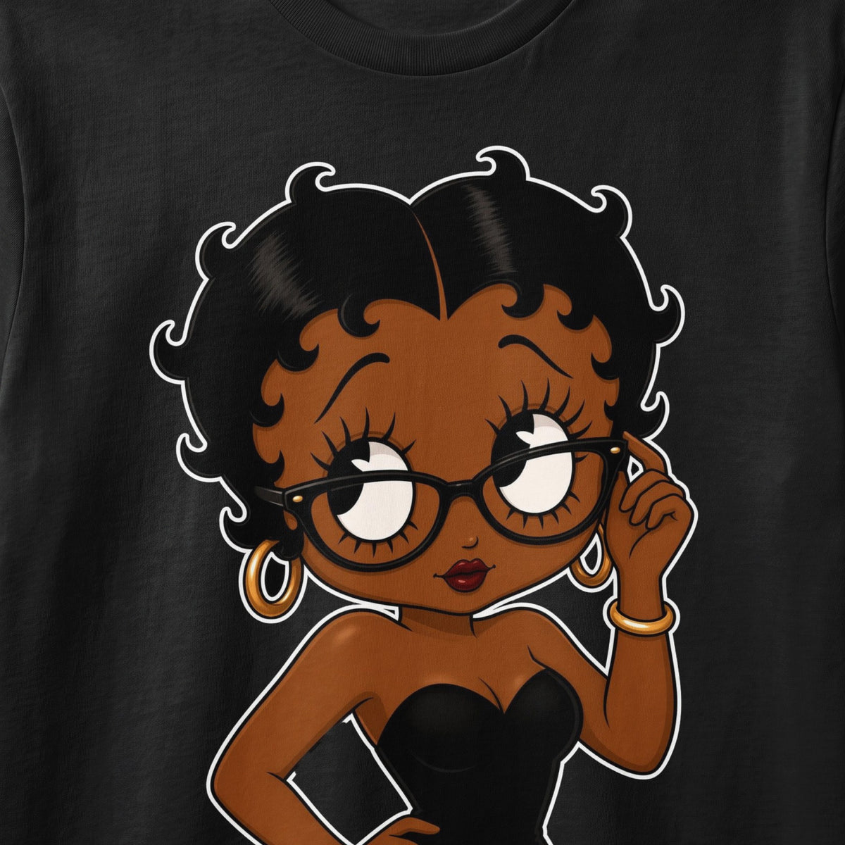 Cartoon depiction of Betty Boop wearing glasses and a black strapless dress.