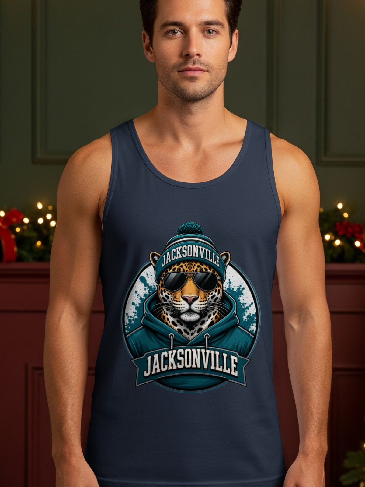 Navy tank top with a Jacksonville graphic featuring a leopard wearing a beanie and sunglasses.