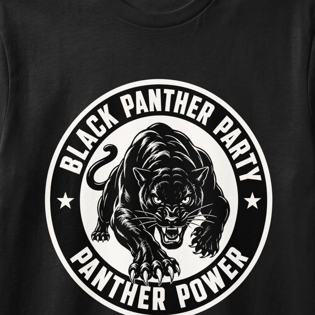 Black panther illustration with text "Black Panther Party Panther Power" around it.