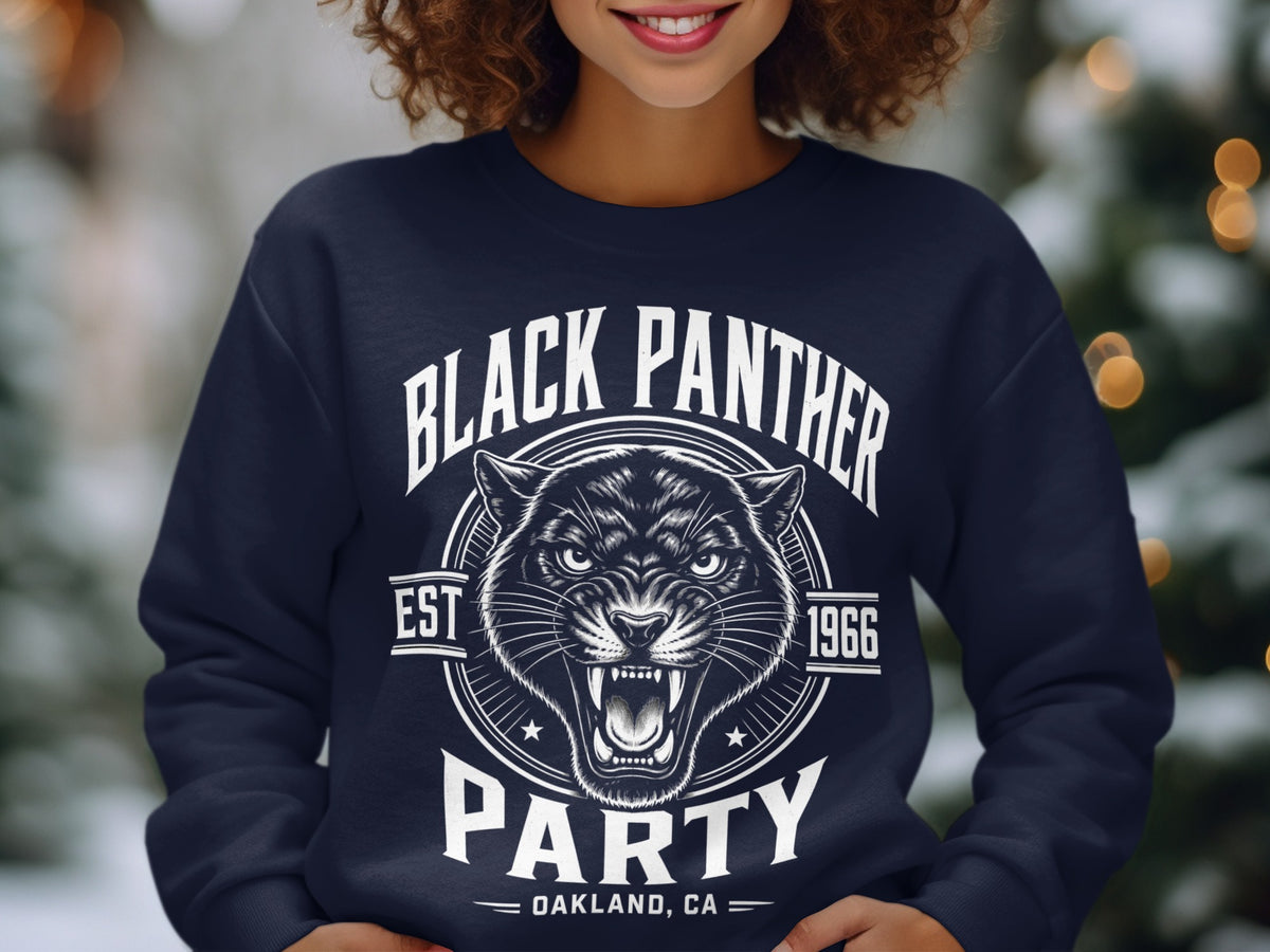 Navy sweatshirt with Black Panther Party logo: snarling panther, est. 1966, Oakland, CA.