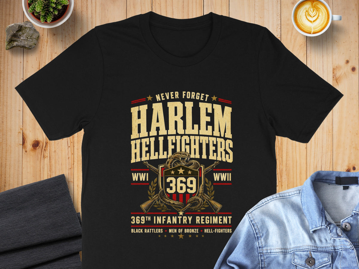 Black t-shirt with "Harlem Hellfighters 369th Infantry Regiment" text and emblem.