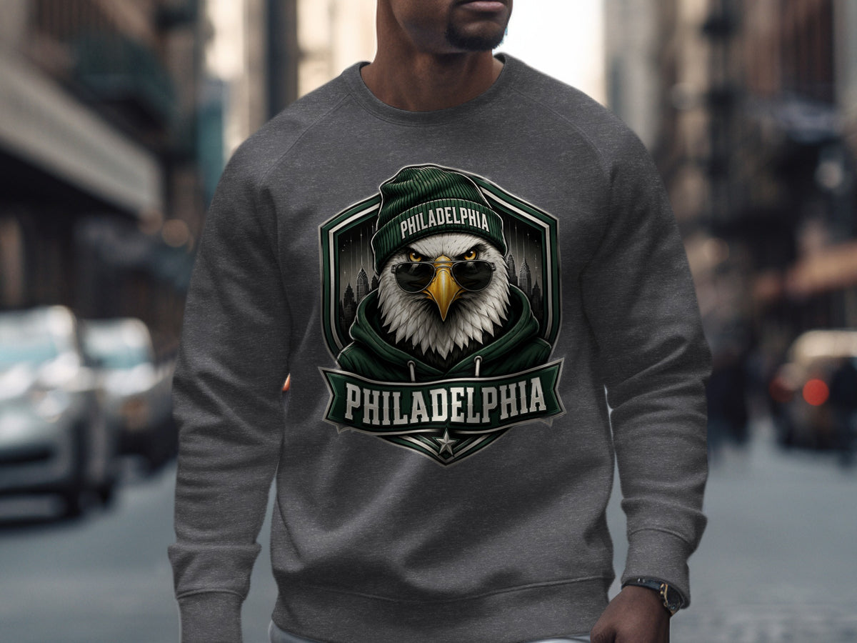 Grey sweatshirt with a graphic of an eagle wearing sunglasses and a beanie with "PHILADELPHIA" text.