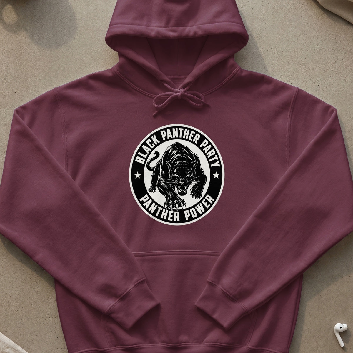 Maroon hoodie with Black Panther Party and Panther Power graphic.