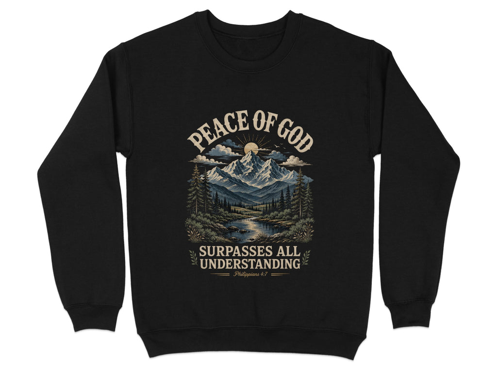 Black sweatshirt with mountain landscape and text "Peace of God Surpasses All Understanding."