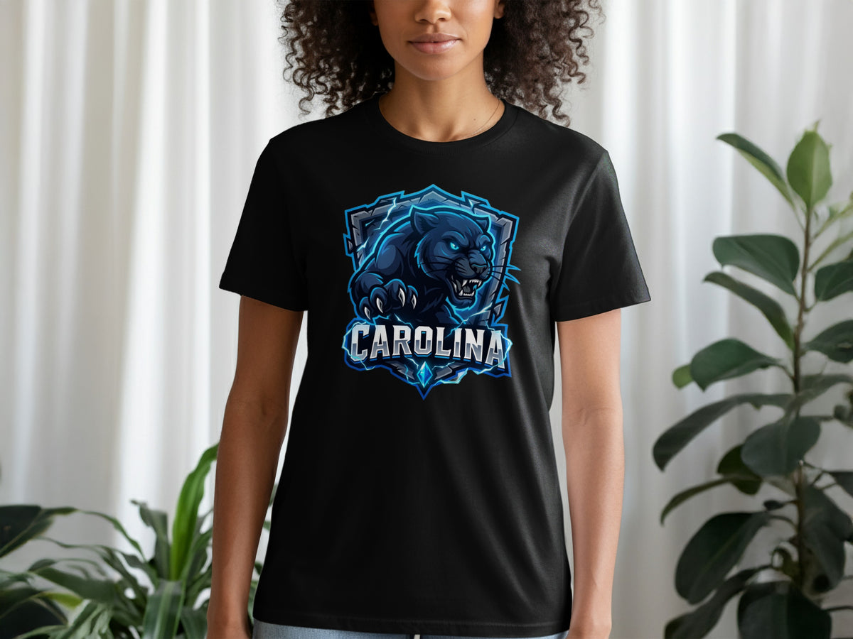 Black t-shirt with a fierce blue panther logo and "CAROLINA" text.