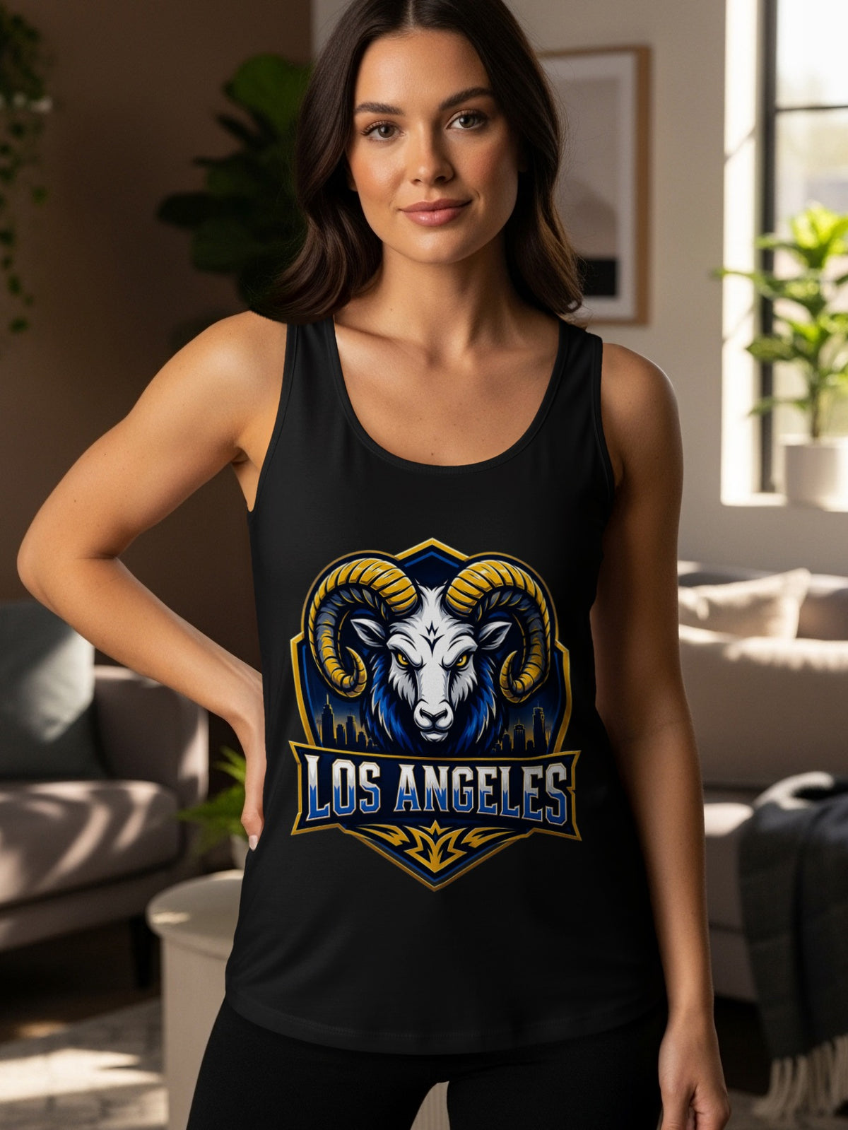 Black tank top with Los Angeles Rams logo featuring a ram's head and cityscape.