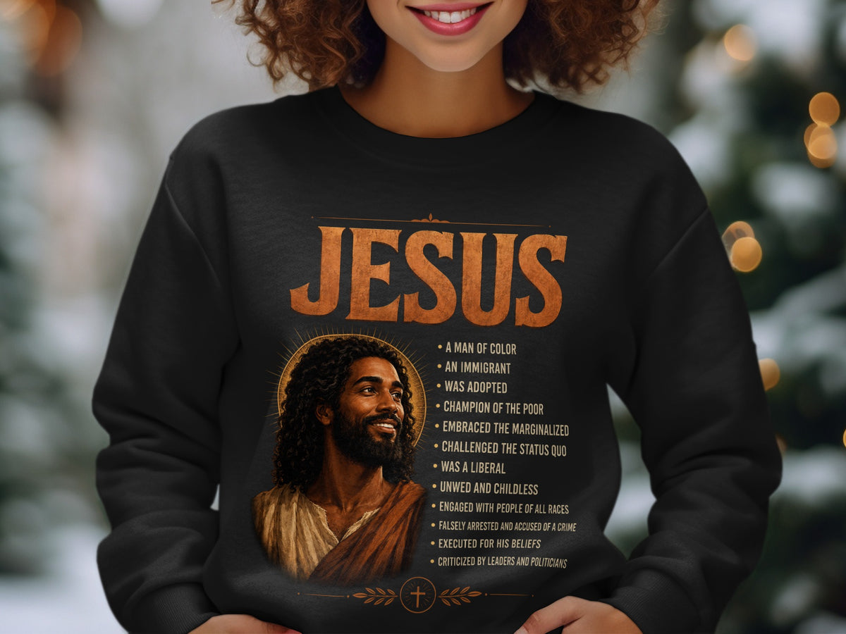 Black sweatshirt with Jesus portrait and list of attributes.