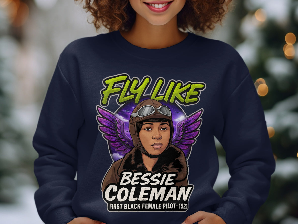 Bessie Coleman First Black Female Pilot 1921 sweatshirt with aviator wings and airplanes.