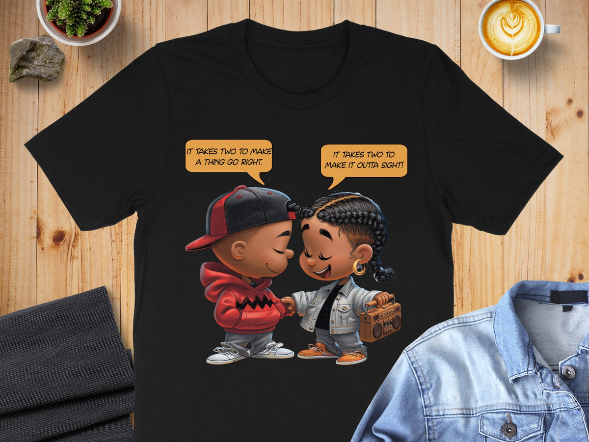 Black t-shirt with cartoon children saying "It takes two to make a thing go right."