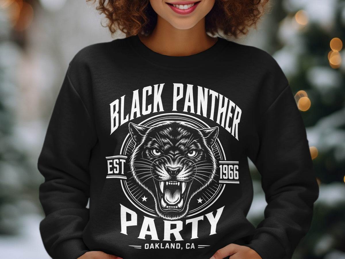 Black Panther Party sweatshirt with a black panther graphic, "EST 1966", and "Oakland, CA".