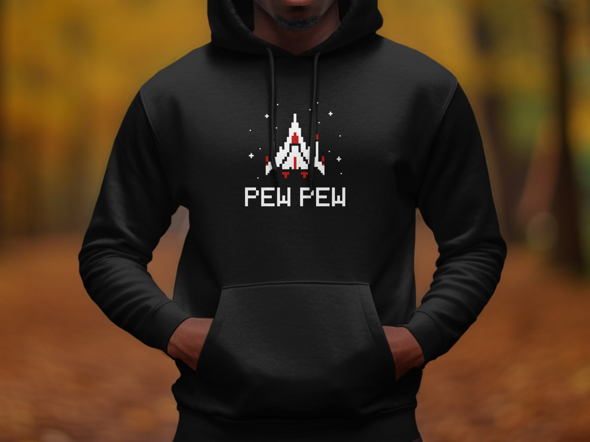Black hoodie with pixelated spaceship and "PEW PEW" text.