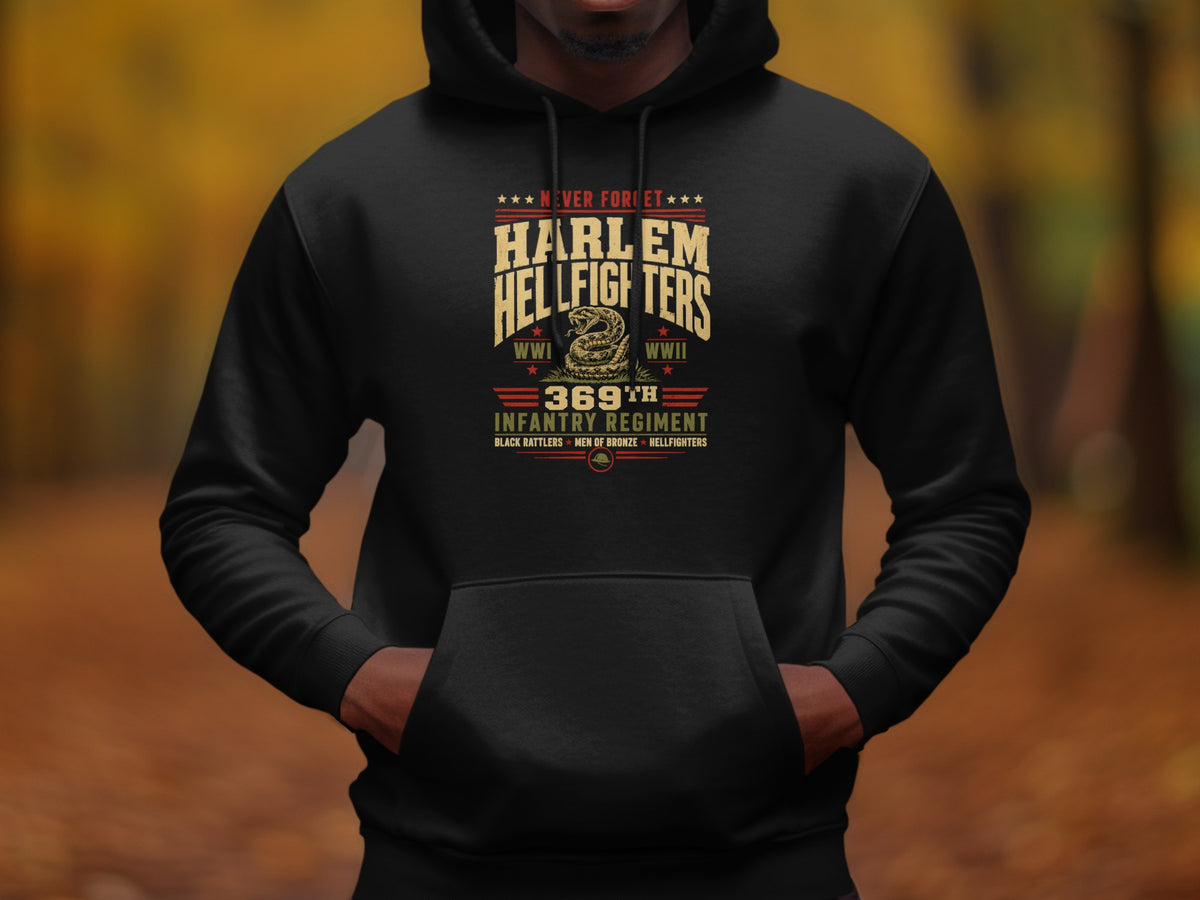 Black hoodie with Harlem Hellfighters 369th Infantry Regiment WWII graphic.