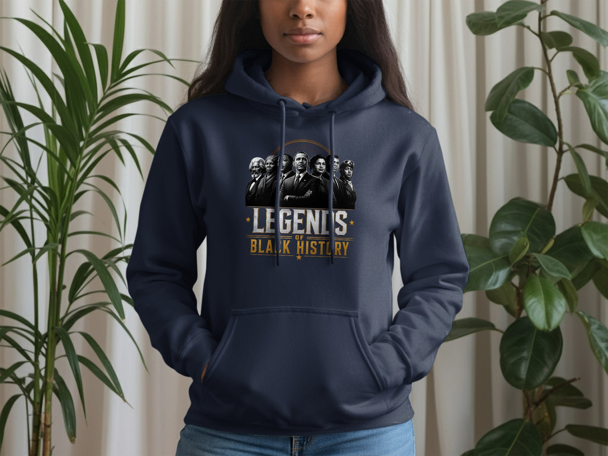 Dark blue hoodie with a graphic of Black historical figures and "Legends of Black History" text.