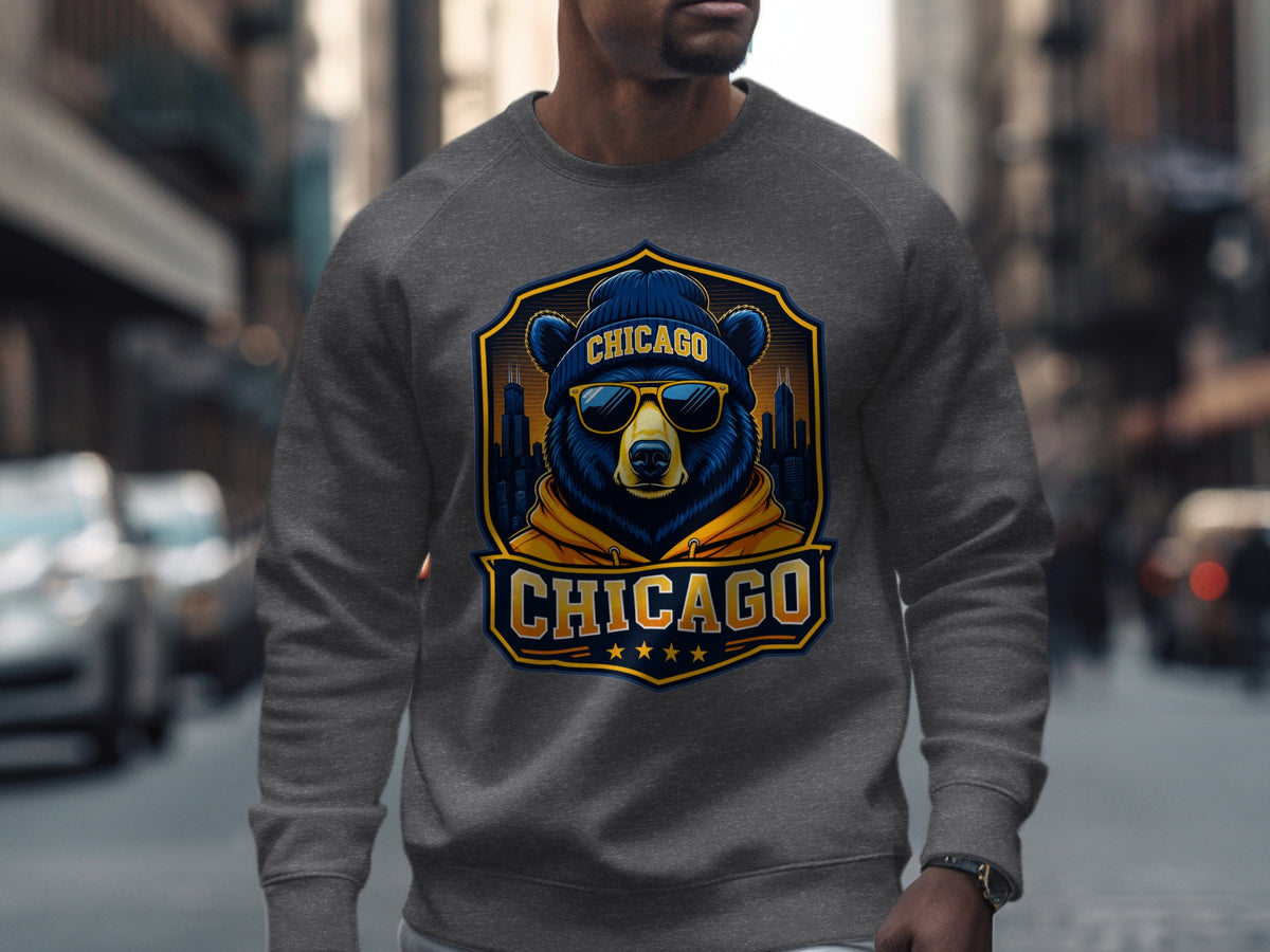 Gray sweatshirt with a Chicago bear graphic wearing a beanie and sunglasses.