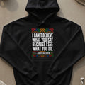 Black hoodie with James Baldwin quote and colorful geometric pattern.