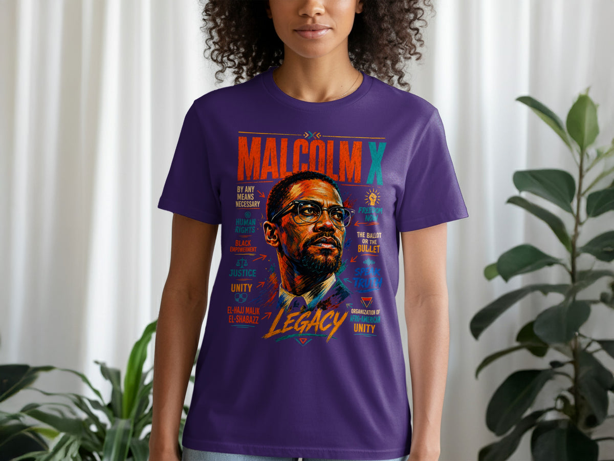 Purple t-shirt featuring Malcolm X portrait with text including "Legacy," "Freedom Now," and "The Ballot or the Bullet."