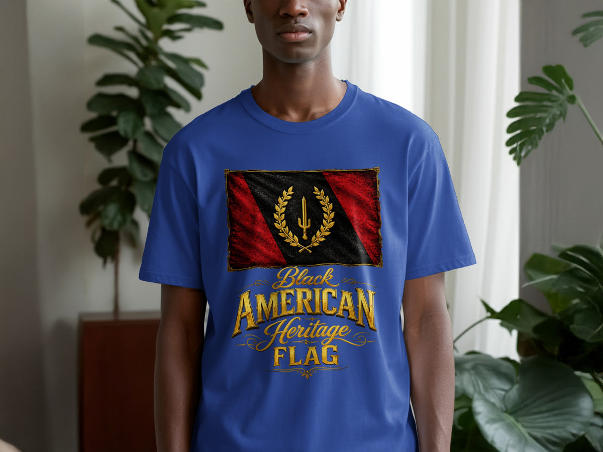 Blue t-shirt featuring the Black American Heritage Flag and text.