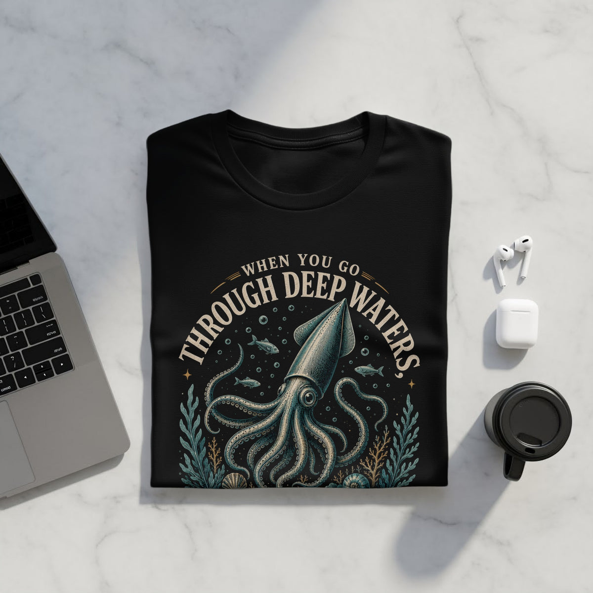 Black t-shirt with a detailed kraken illustration and text "WHEN YOU GO THROUGH DEEP WATERS".